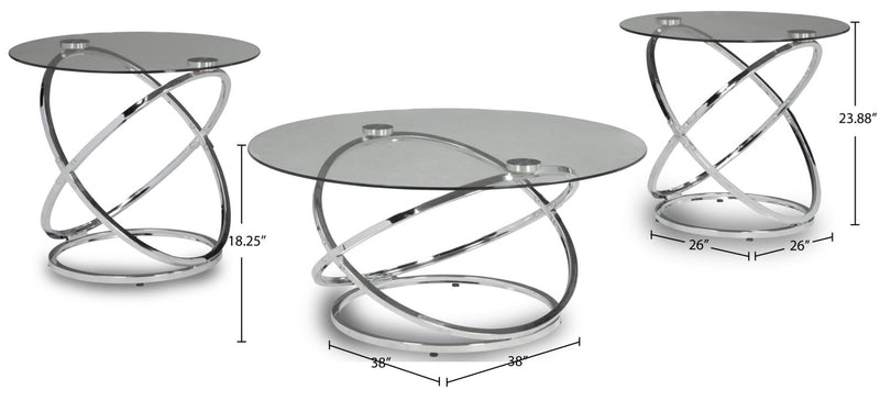 Ensemble 3 tables rondes somptueuses Hollynx de 38 po (table à café et 2 tables de bout) - base en métal argenté avec dessus en verre