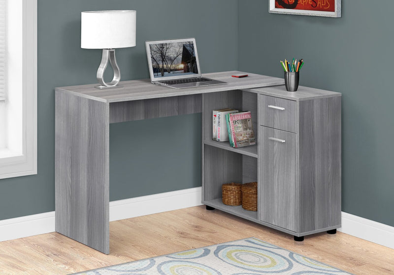 Bureau en forme de L Zoey de 46 po avec compartiments, tiroir et armoire - gris