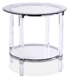 Table de bout ronde somptueuse Enzo de 24 po avec tablette - dessus en verre avec base en métal et en acrylique