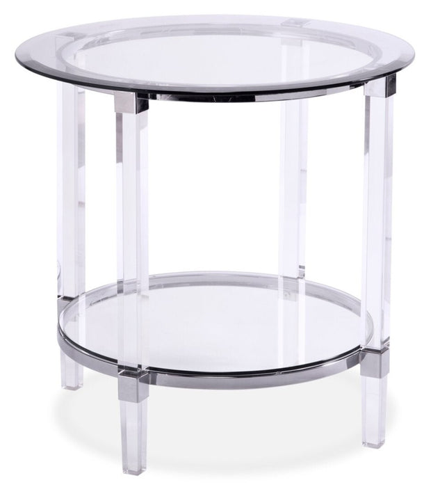 Table de bout ronde somptueuse Enzo de 24 po avec tablette - dessus en verre avec base en métal et en acrylique