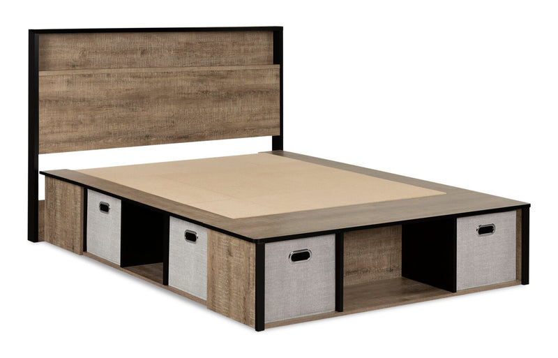 Ensemble lit plateforme et tête de lit à panneau Everley avec rangement et paniers intégrés, deux couleurs - format lit double