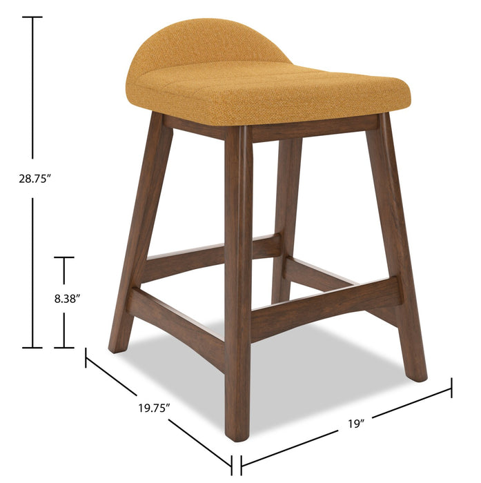 Tabouret Jovi de hauteur comptoir en tissu d’apparence lin et en bois - moutarde