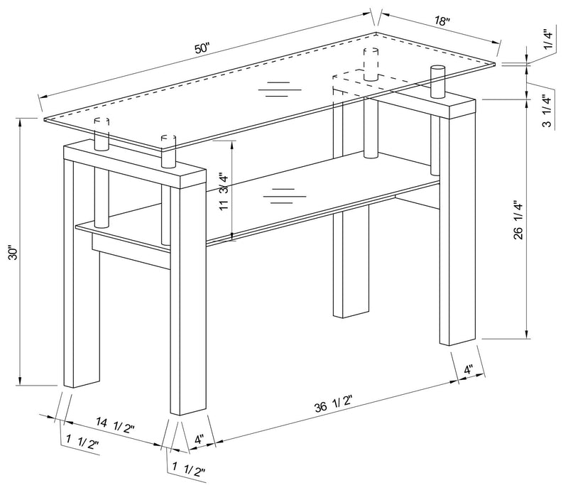 Table de salon moderne Harvy de 50 po avec dessus en verre et tablette - blanche 