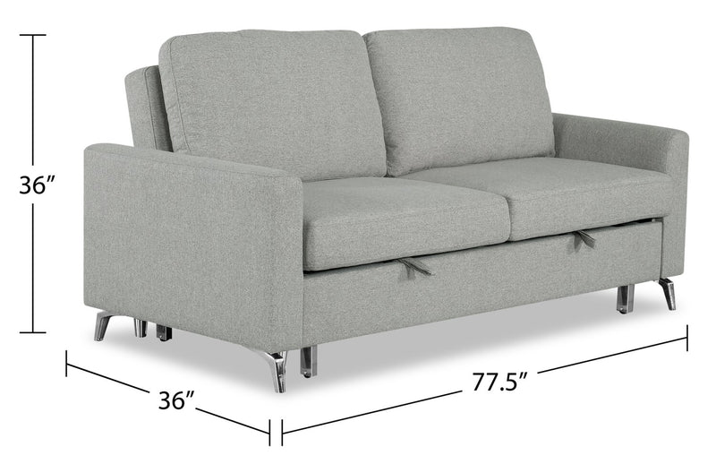 Sofa-lit Wilson de 77,5 po en tissu d’apparence lin avec coussins de dossier rabattables et pattes en métal - gris Solis 