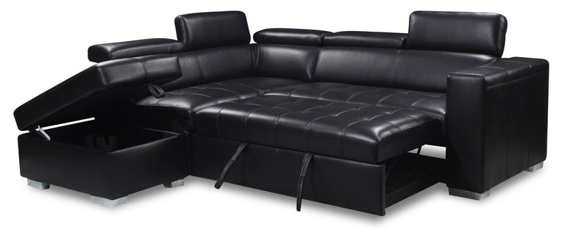 Sofa-lit sectionnel de gauche Drake 3 pièces en tissu d’apparence cuir avec pouf de rangement - noir