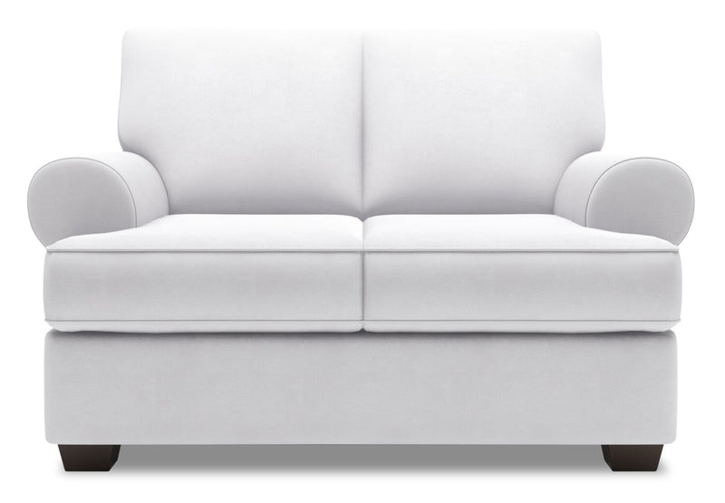 Causeuse personnalisable Roll de Sofa Lab de 64 po fabriquée au Canada en tissu d’apparence lin avec accoudoirs enroulés - blanc Pax Ice