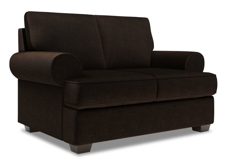 Causeuse personnalisable Roll de Sofa Lab de 64 po fabriquée au Canada en tissu d’apparence lin avec accoudoirs enroulés - brun Luxury Chocolate