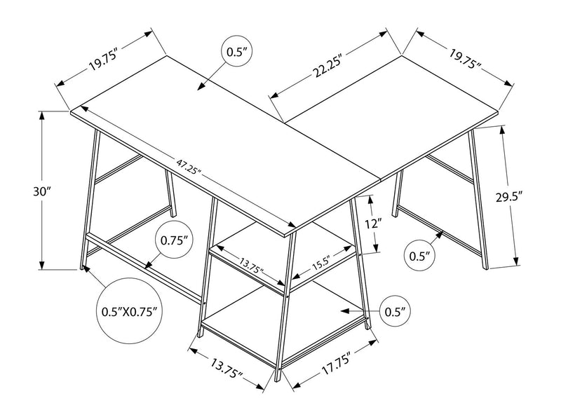Bureau en forme de L Keenan de 47,25 po à tablettes ouvertes - taupe