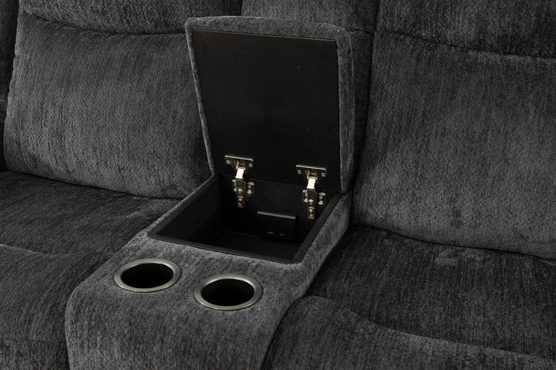 Causeuse à inclinaison électrique Atlantis de 72 po en tissu avec console de rangement, ports USB et position zéro gravité - gris foncé