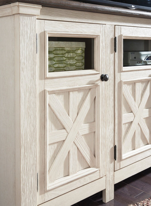 Meuble pour téléviseur rustique Bolanburg de 75 po avec rangement et système de gestion des câbles pour téléviseurs jusqu’à 85 po - blanc antique 