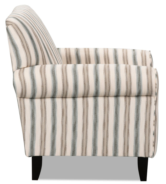 Fauteuil d’appoint Wynn de 36 po fabriqué au Canada en tissu d’apparence lin avec accoudoirs enroulés et pattes en bois - rayures multicolores