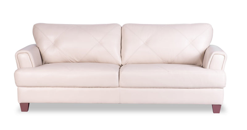 Sofa Vita de Château d’Ax de 87 po en cuir 100 % véritable avec coutures à motif de diamant et pattes en bois - blanc fumée