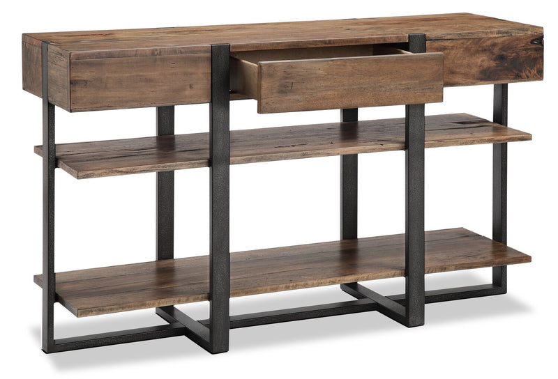 Table de salon moderne Manchester de 54 po avec rangement et tablette - bois brun avec base en fer