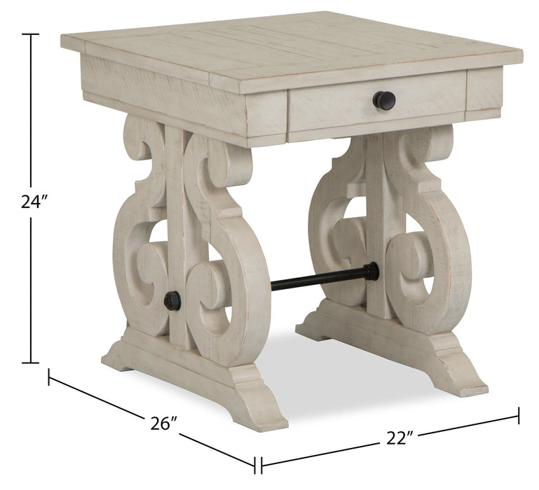 Table de bout traditionnelle Bronwyn de 22 po avec rangement - pin albâtre avec base en bois à volutes