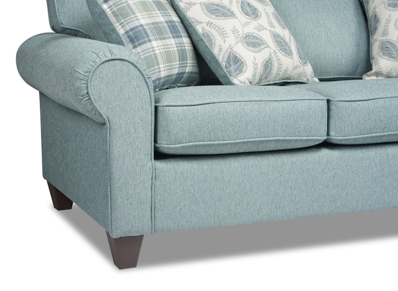 Sofa Scarlett de 87 po fabriqué au Canada en tissu de chenille avec accoudoirs enroulés et coussins décoratifs - bleu marine