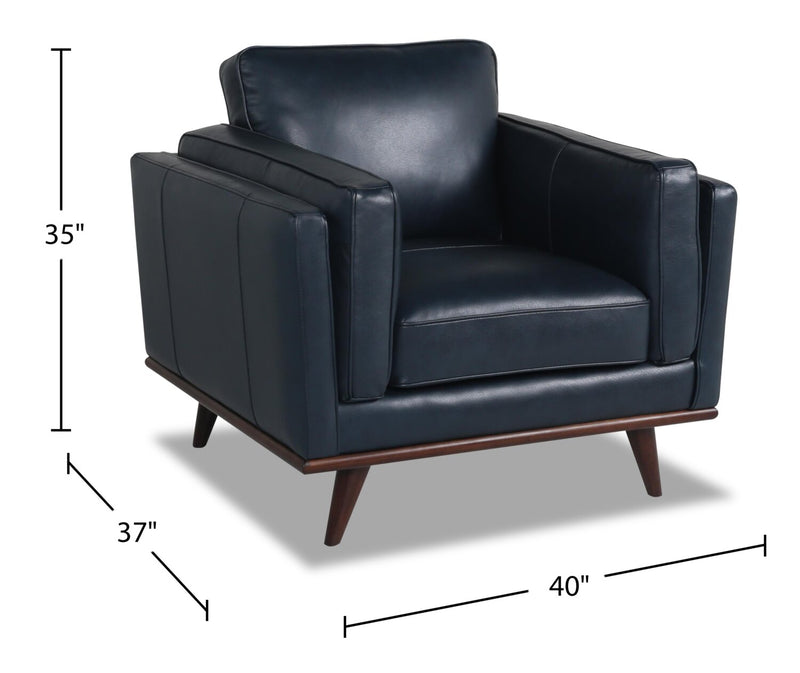 Fauteuil Vivia de 40 po en cuir véritable avec coussin de siège amovible et base en bois - bleu marine