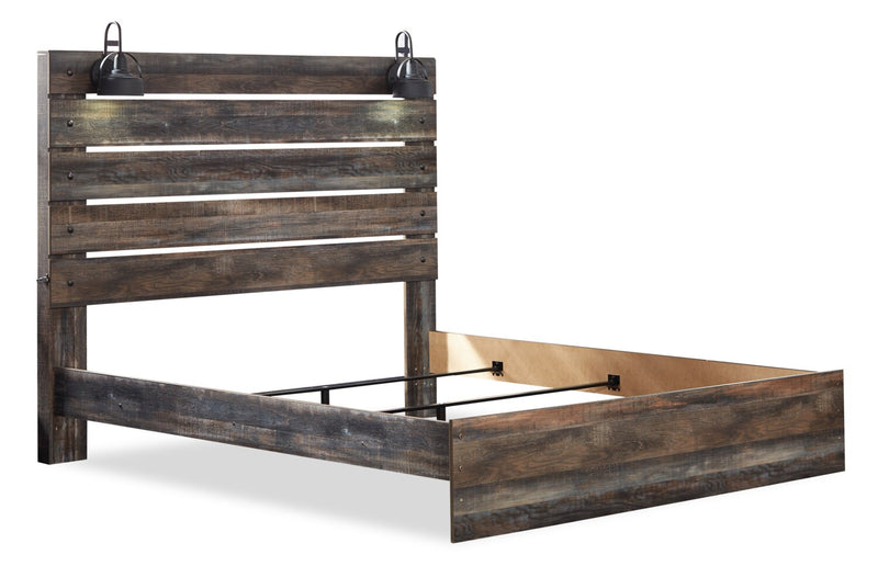 Lit à panneau Abby avec tête de lit, cadre, éclairage à DEL et port USB, brun - format très grand lit