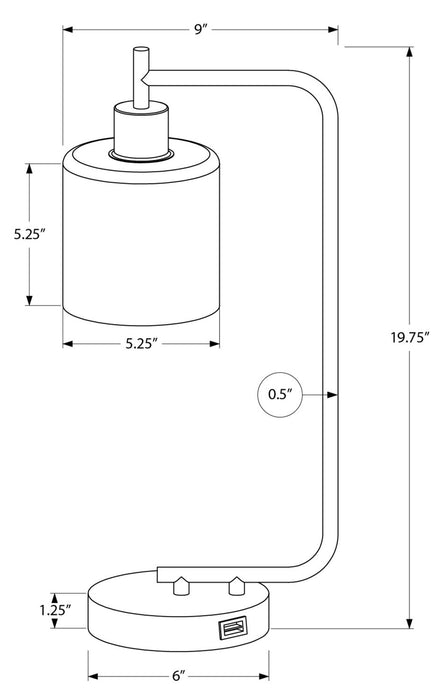 Lampe de table de 20 po en métal noir avec recharge USB