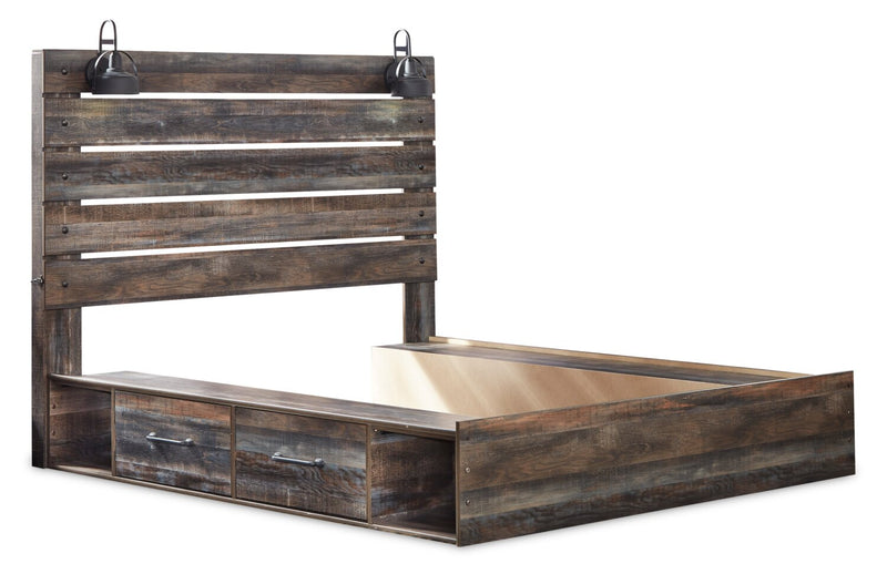 Lit plateforme de rangement latéral Abby avec éclairage à DEL et ports USB, brun - format très grand lit