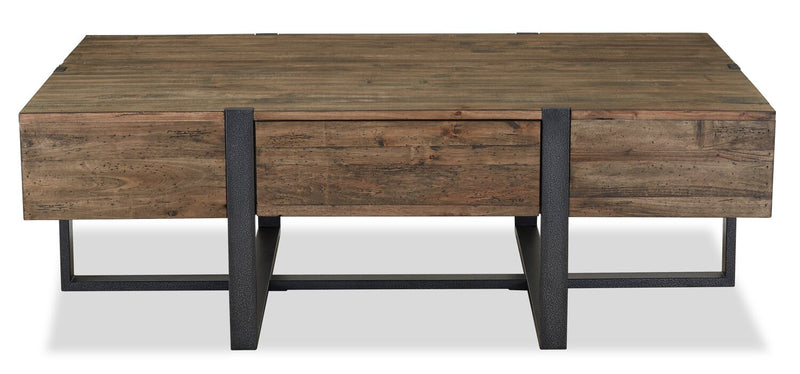 Table à café rustique Manchester de 54 po avec rangement - bois brun avec base en fer