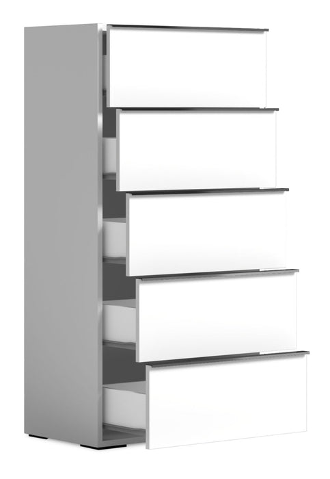 Commode verticale de chambre à coucher Raia à 5 tiroirs - fabriquée en Italie, 23 po (L) x 53,5 po (H), moderne - blanche