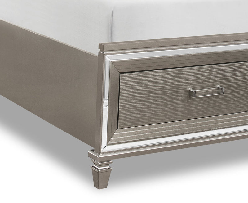 Ensemble de chambre à coucher Max 5 pièces somptueux avec lit de rangement, commode, miroir et éclairage à DEL, argenté - format grand lit