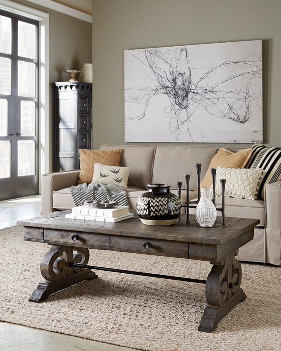 Table à café traditionnelle Bellamy de 50 po avec rangement - pin brun foncé avec base en bois à volutes