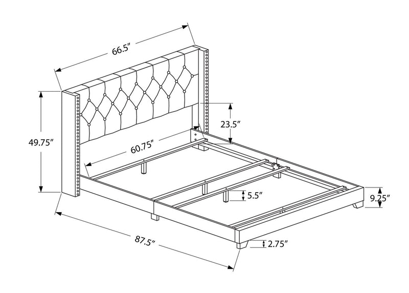 Lit rembourré à oreilles Portia en tissu gris avec clous décoratifs et capitonnage à boutons - format grand lit