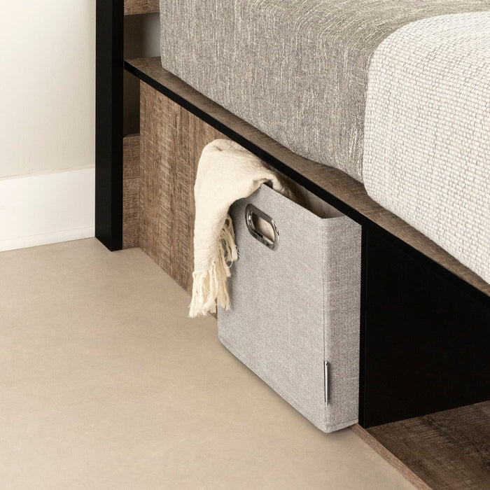 Ensemble lit plateforme et tête de lit à panneau Everley avec rangement et paniers intégrés, deux couleurs - format lit simple