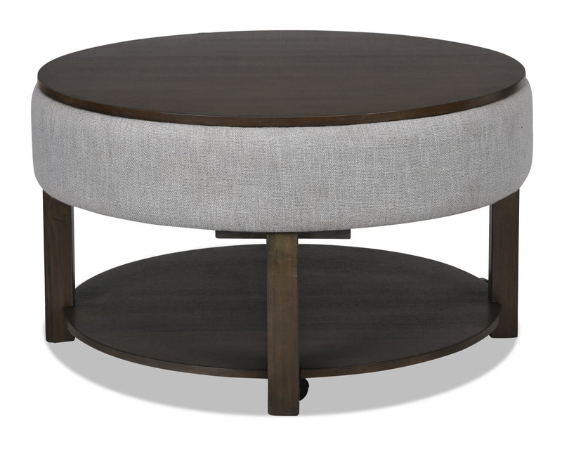 Table à café ronde rustique Elroy de 33 po avec dessus relevable, rangement, tablette et roulettes - brune et grise avec bordure en tissu