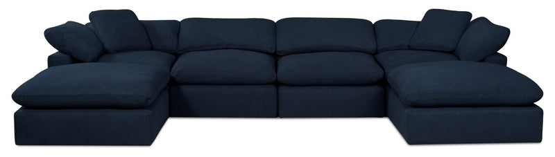 Sofa sectionnel modulaire Eclipse 6 pièces en tissu d’apparence lin avec poufs et coussins réversibles en duvet et plumes - bleu marine