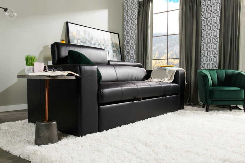 Sofa-lit Drake de 87 po en tissu d’apparence cuir avec lit rétractable, appuie-têtes relevables et capitonnage à boutons - noir