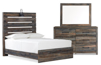 Ensemble de chambre à coucher Abby 5 pièces avec lit à panneau, commode, miroir, lumière DEL et port USB, brun - format lit double