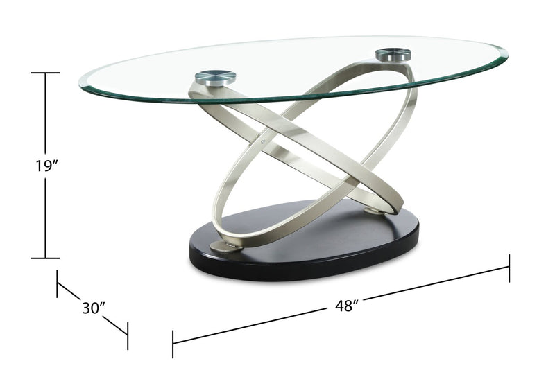 Table à café ovale moderne Vikki de 48 po avec dessus en verre - verre avec base en métal