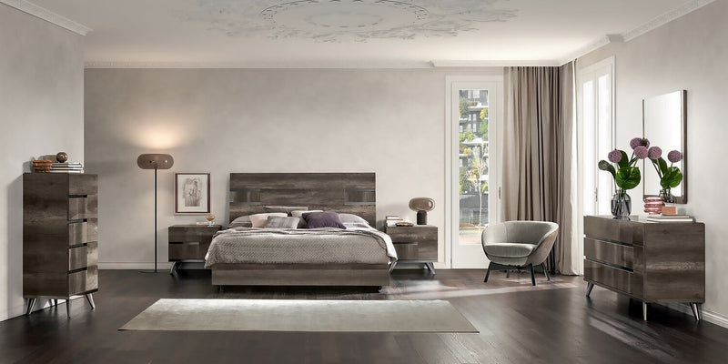 Ensemble de chambre à coucher Gino 6 pièces avec lit à panneaux, commode, miroir et table de nuit - fabriqué en Italie, moderne, brun - format très grand lit