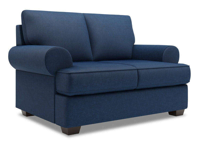Causeuse personnalisable Roll de Sofa Lab de 64 po fabriquée au Canada en tissu d’apparence lin avec accoudoirs enroulés - bleu Pax Navy