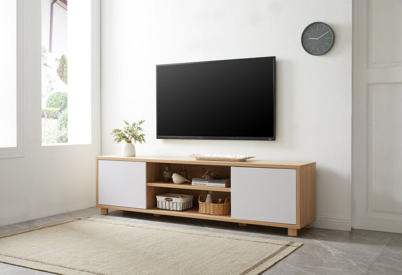 Meuble pour téléviseur Aiden de Kort & Co. de 72 po avec rangement et système de gestion des câbles pour téléviseurs jusqu’à 80 po - naturel et blanc