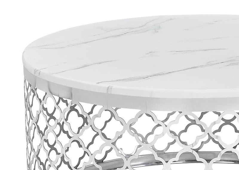 Table de salon ronde somptueuse Belle de 36 po - dessus en marbre blanc avec base en acier inoxydable