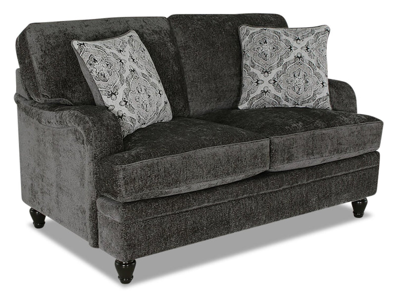 Causeuse Bellmont de 64 po fabriquée au Canada en tissu de chenille avec coussins réversibles et pattes en bois - gris anthracite