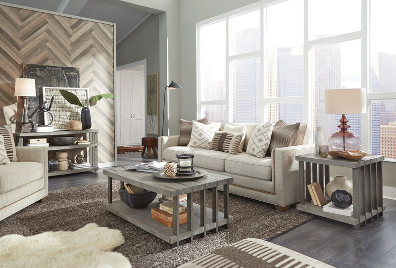 Table de salon moderne Eldridge de 48 po avec tablette - gris vieilli avec métal et bois