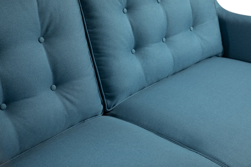 Sofa Novalee de 75,5 po en tissu d’apparence lin avec accoudoirs évasés et capitonnage à boutons - bleu