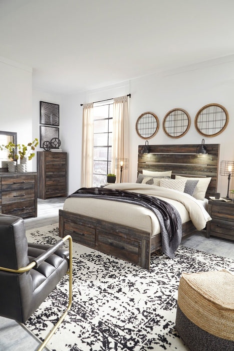 Ensemble de chambre à coucher Abby 5 pièces avec lit de rangement, commode, miroir, lumière DEL et port USB, brun - format grand lit