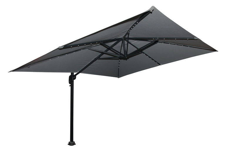 Parasol excentré Solar pour la terrasse, 137 po (L) x 84 po (H), acier, manivelle, éclairage à DEL intégré - gris