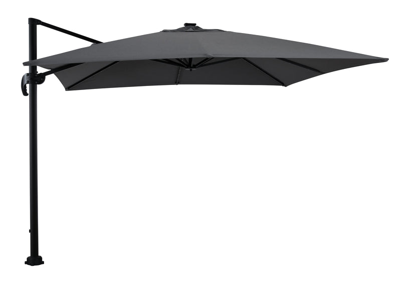 Parasol excentré Solar pour la terrasse, 137 po (L) x 84 po (H), acier, manivelle, éclairage à DEL intégré - gris