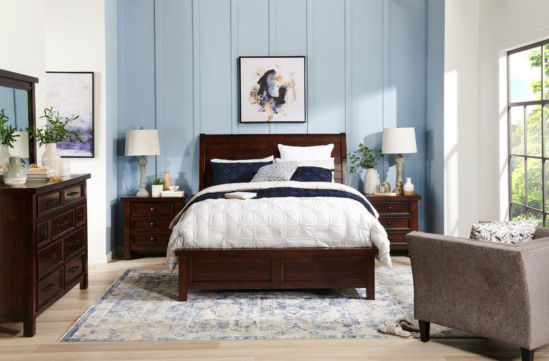 Ensemble de chambre à coucher Sonoma 6 pièces avec lit, commode, miroir et table de nuit, brun manguier - format grand lit