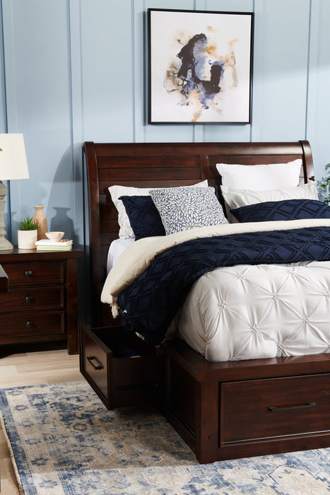 Ensemble de chambre à coucher Sonoma 6 pièces avec lit de rangement, commode, miroir et table de nuit, brun manguier - format très grand lit