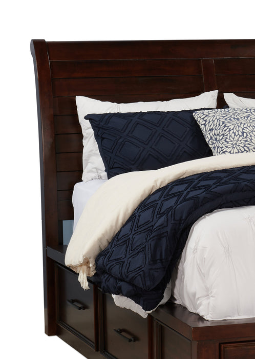 Ensemble de chambre à coucher Sonoma 6 pièces avec lit de rangement, commode, miroir et table de nuit, brun manguier - format très grand lit