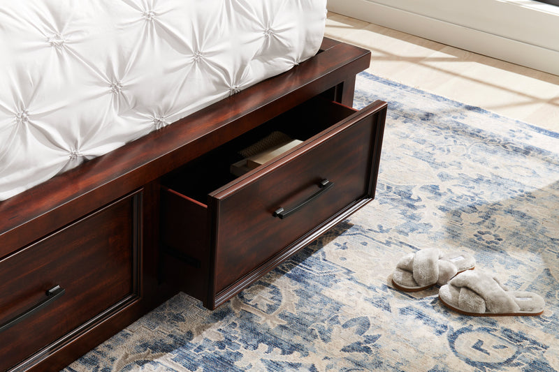 Ensemble de chambre à coucher Sonoma 6 pièces avec lit de rangement, commode, miroir et table de nuit, brun manguier - format grand lit