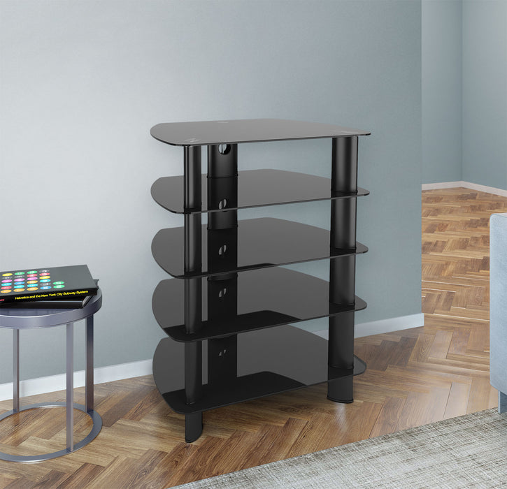 Meuble audio moderne Laguna de 26 po avec rangement et système de gestion des câbles pour téléviseurs - métal noir et verre