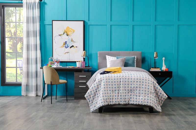 Lit rembourré Tara en tissu d’apparence lin gris avec capitonnage à boutons - format lit simple